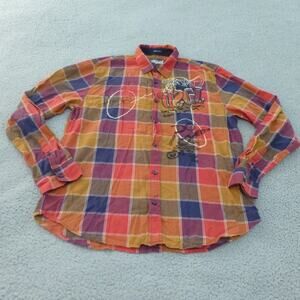 Desigual Shirt Mens XL Button Up Check Patchwork Art Embroidered Streetwear